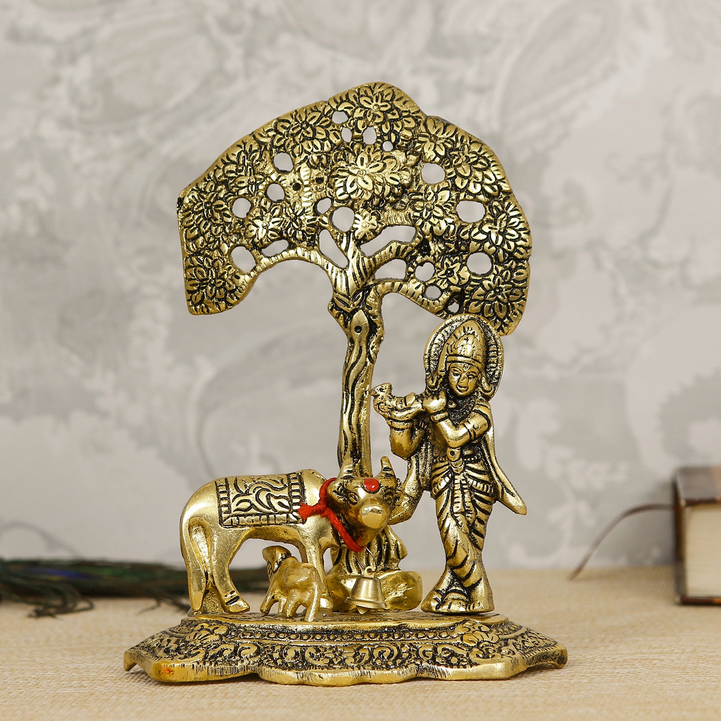 Lord Krishna playing Flute under Tree with Golden Cow