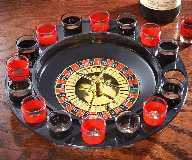 Shot Glass Roulette Drinking Game - Includes 16 Shot Glasses, Spinning Wheel