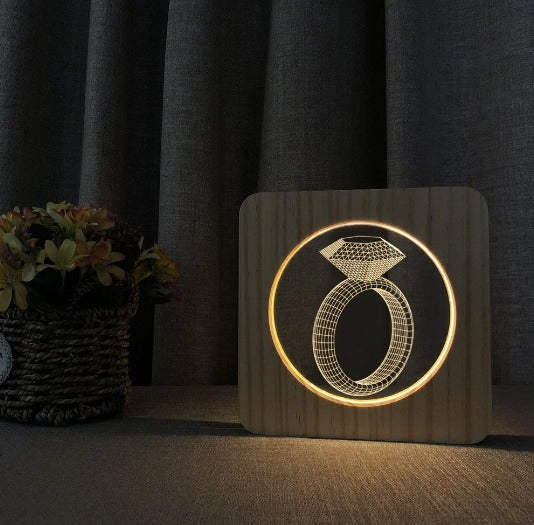 Diamond Ring 3D LED Arylic Wooden Night Light Lamp