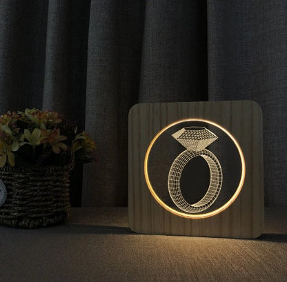 Diamond Ring 3D LED Arylic Wooden Night Light Lamp