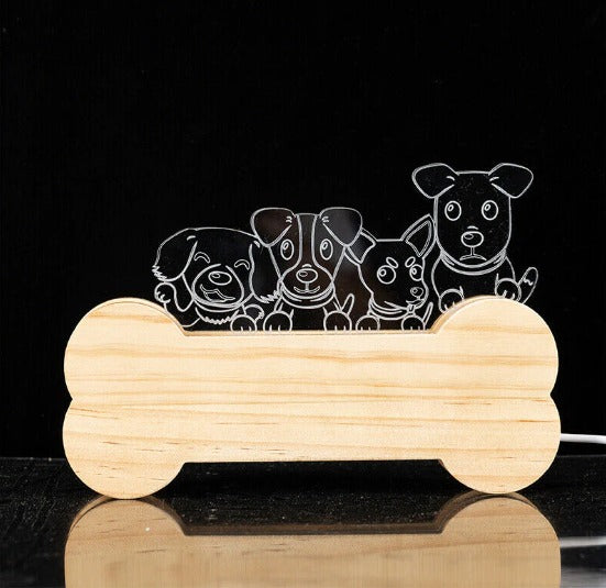 3D Wooden Bone And Dog Acrylic Night Light Lamp