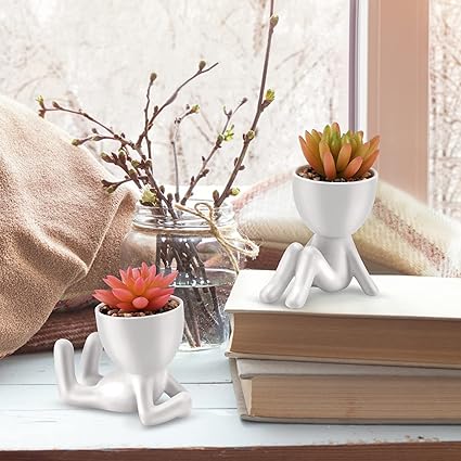 Mini Succulents Plants Artificial in White Modern Human Shaped Ceramic Pots