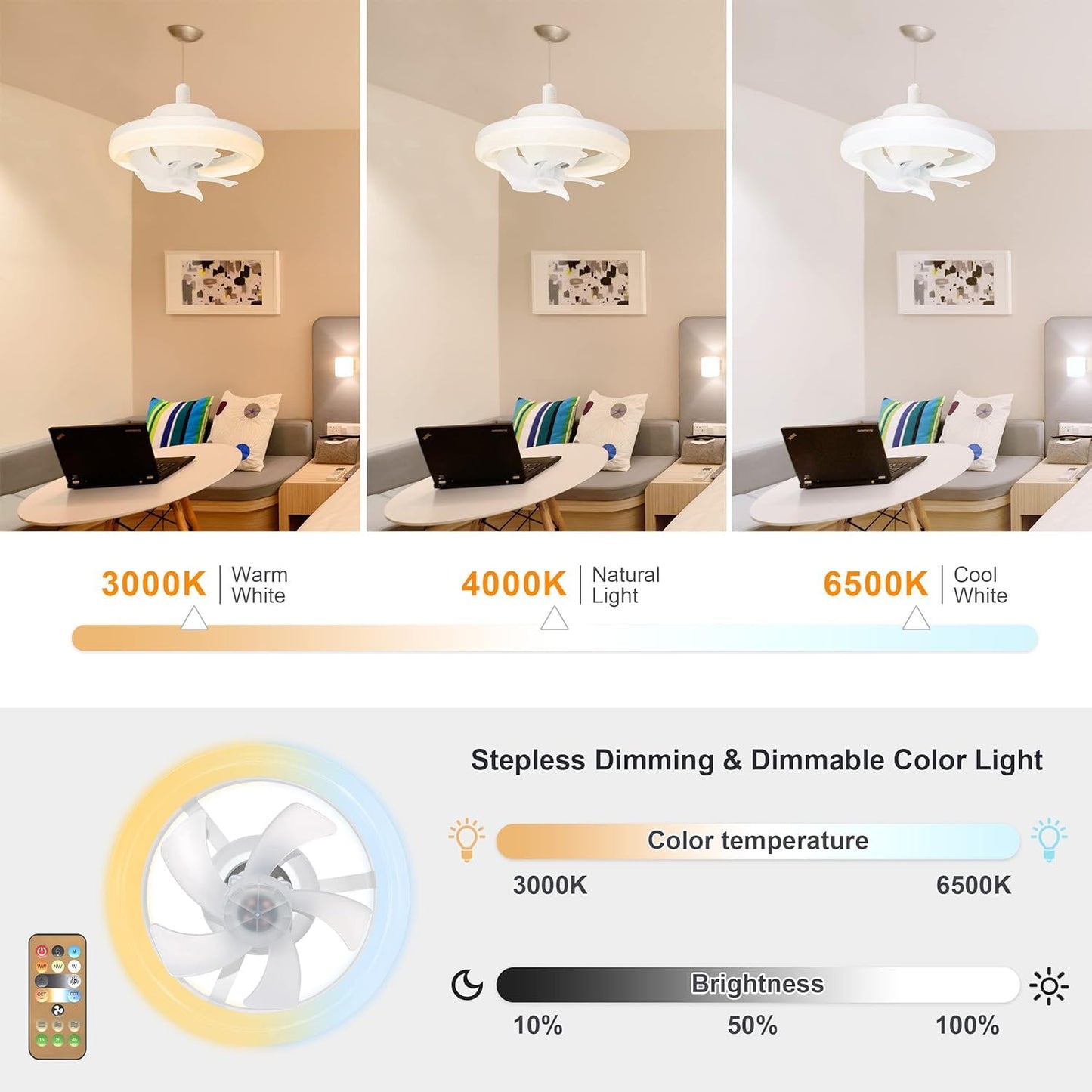 Ceiling Fan with LED Light, Remote Control, 3 Color