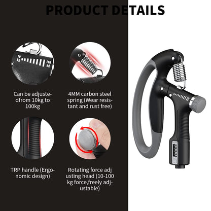 Hand Grip Strength Trainer with Counter 10 to 100 kg, Non-Slip Gripper, for Hand Exercising (Black)