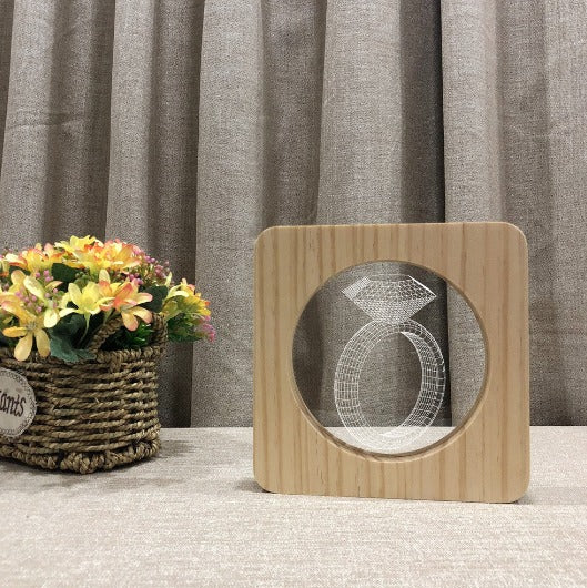 Diamond Ring 3D LED Arylic Wooden Night Light Lamp