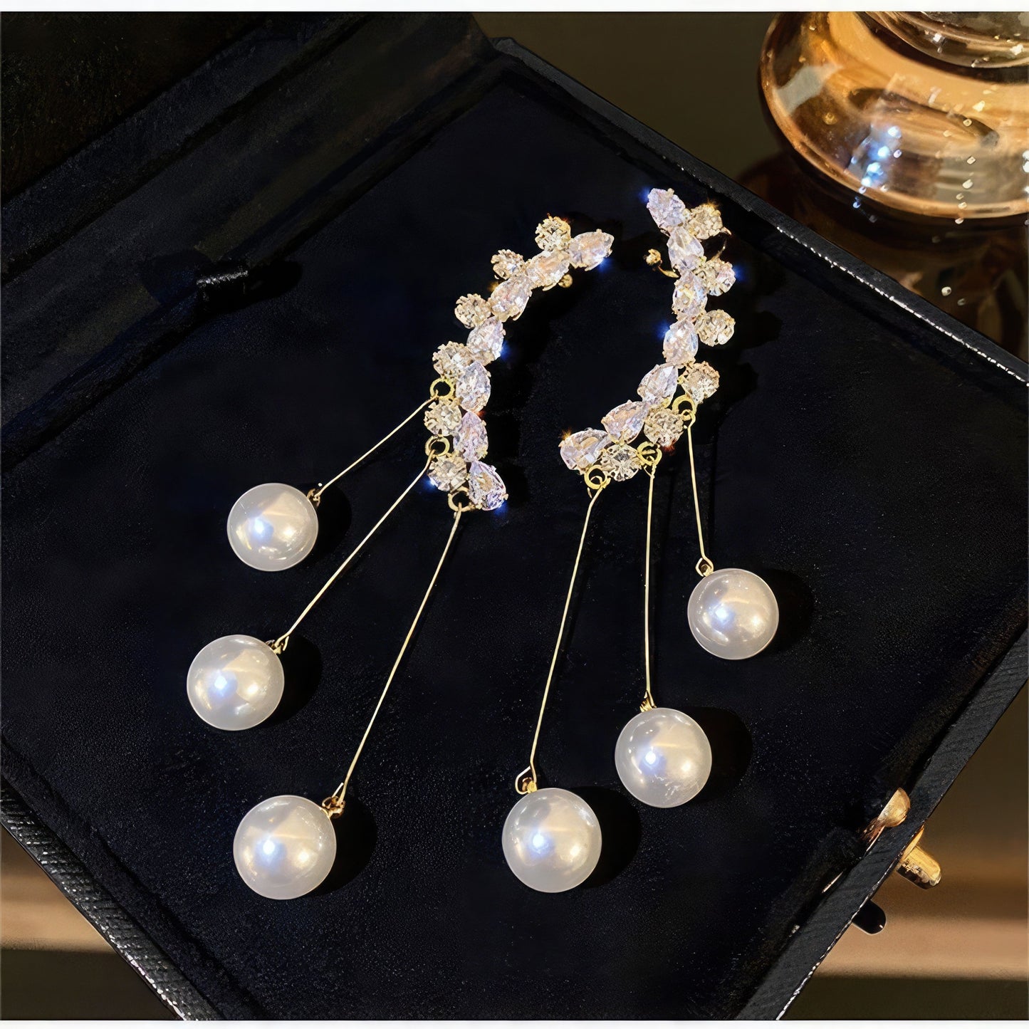 Fashion Frill Crystal Pearl Chain Drop Earrings For Women