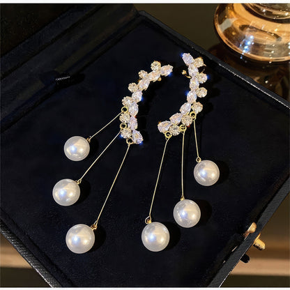 Fashion Frill Crystal Pearl Chain Drop Earrings For Women